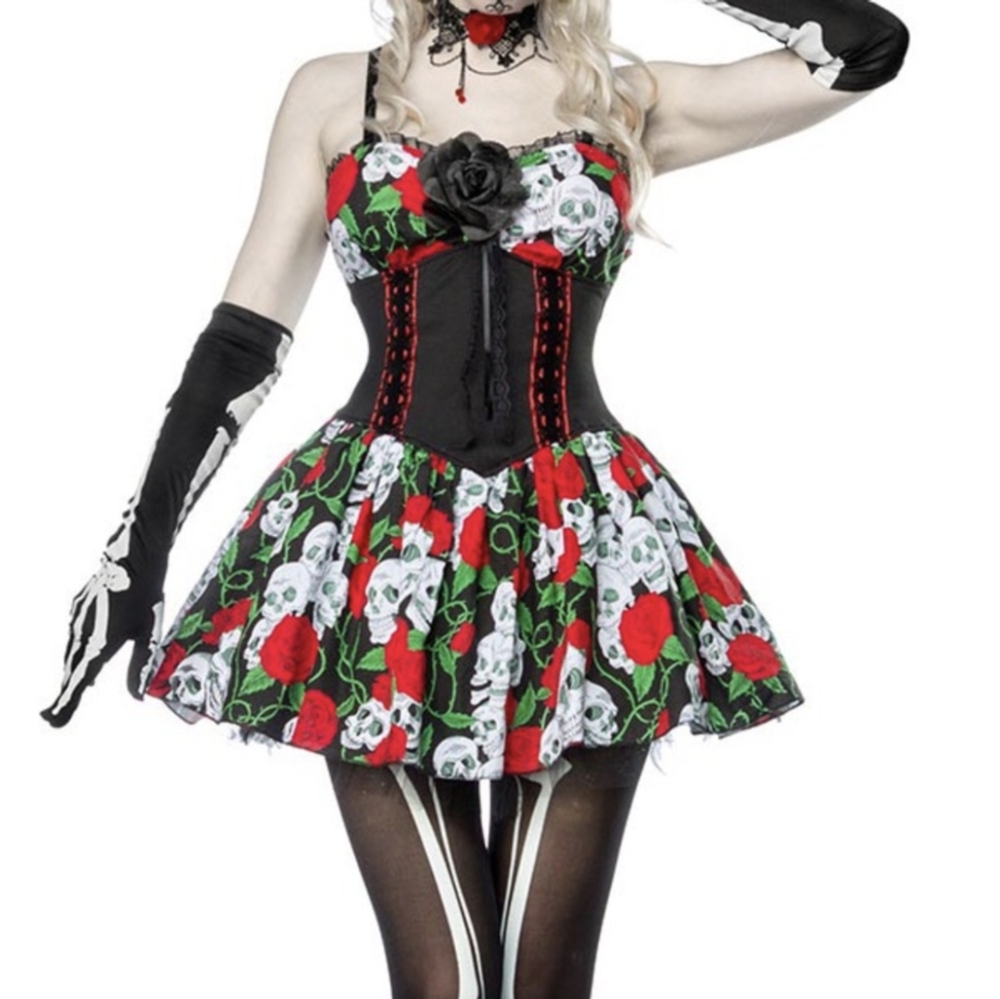 Hot Topic Day of the Dead Skulls & Roses Cosplay Dress by Lip Service Medium